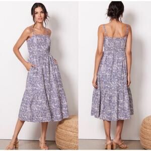 Evereve Talia Blue Floral Smocked Tiered Sleeveless Midi Sundress Dress womens S